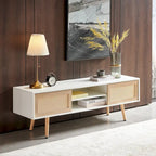 Meuble TV 55,12 avec double porte coulissante, pieds en bois massif et étagère réglable pour salon