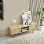 Meuble TV 55,12 avec double porte coulissante, pieds en bois massif et étagère réglable pour salon