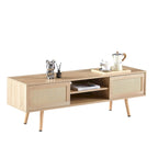 Meuble TV 55,12 avec double porte coulissante, pieds en bois massif et étagère réglable pour salon
