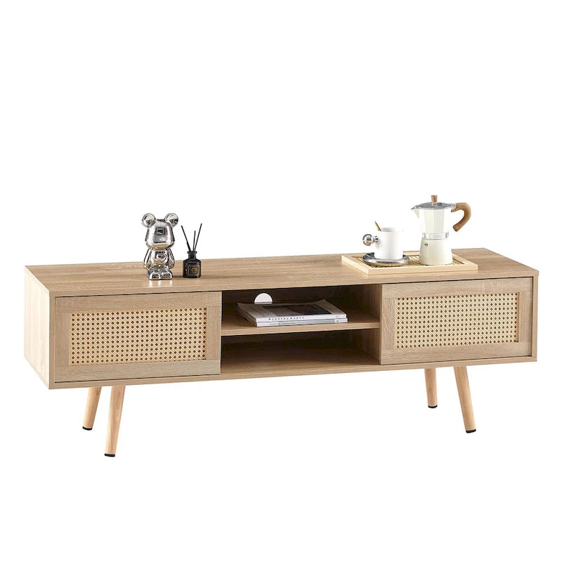 Meuble TV 55,12 avec double porte coulissante, pieds en bois massif et étagère réglable pour salon