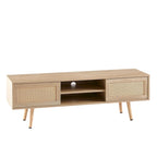 Meuble TV 55,12 avec double porte coulissante, pieds en bois massif et étagère réglable pour salon