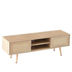 Meuble TV 55,12 avec double porte coulissante, pieds en bois massif et étagère réglable pour salon