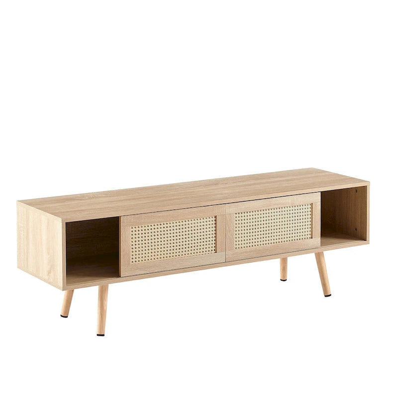 Meuble TV 55,12 avec double porte coulissante, pieds en bois massif et étagère réglable pour salon