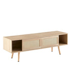 Meuble TV 55,12 avec double porte coulissante, pieds en bois massif et étagère réglable pour salon