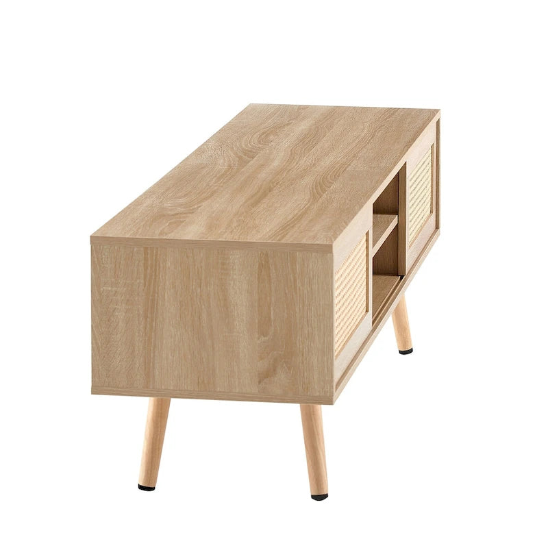 Meuble TV 55,12 avec double porte coulissante, pieds en bois massif et étagère réglable pour salon