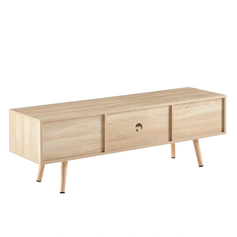 Meuble TV 55,12 avec double porte coulissante, pieds en bois massif et étagère réglable pour salon