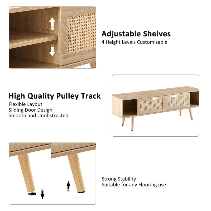 Meuble TV 55,12 avec double porte coulissante, pieds en bois massif et étagère réglable pour salon
