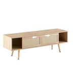 Meuble TV 55,12 avec double porte coulissante, pieds en bois massif et étagère réglable pour salon