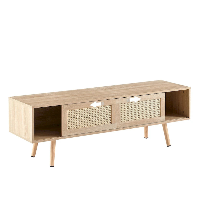 Meuble TV 55,12 avec double porte coulissante, pieds en bois massif et étagère réglable pour salon