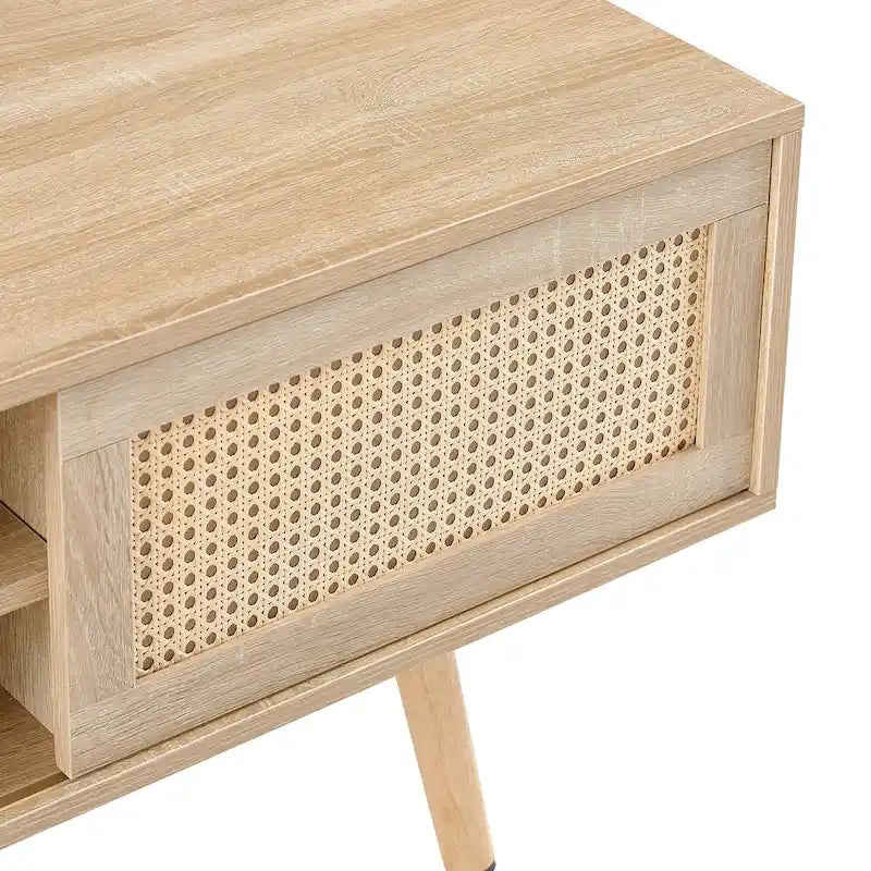 Meuble TV 55,12 avec double porte coulissante, pieds en bois massif et étagère réglable pour salon
