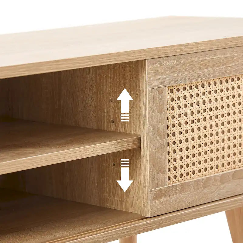 Meuble TV 55,12 avec double porte coulissante, pieds en bois massif et étagère réglable pour salon
