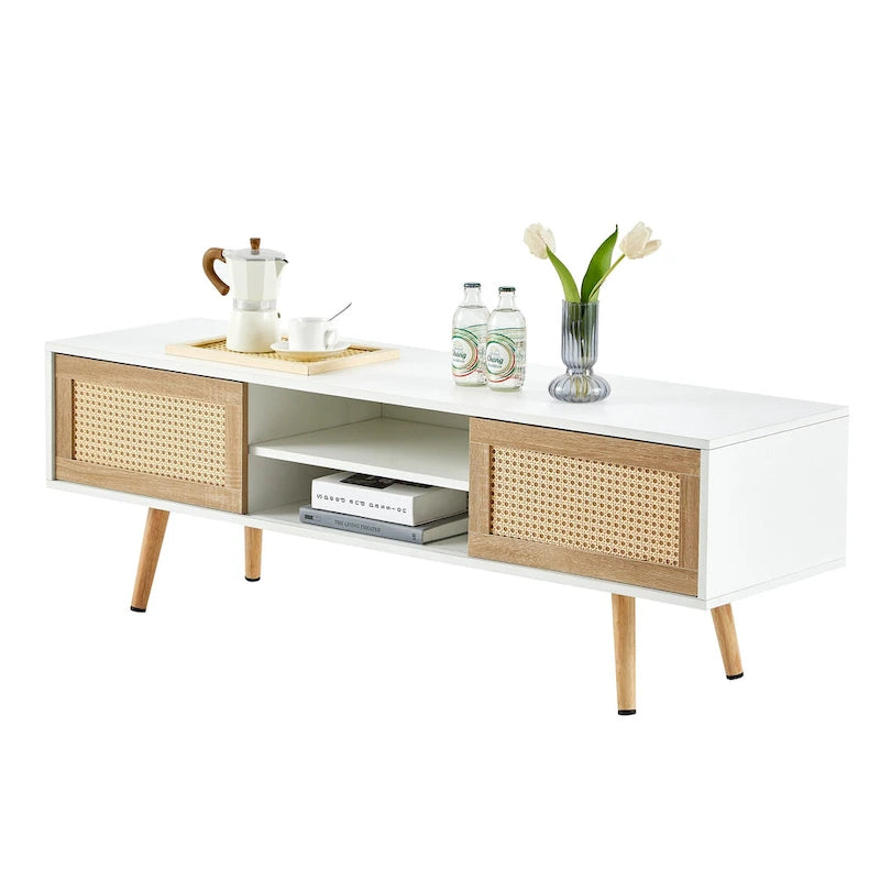 Meuble TV 55,12 avec double porte coulissante, pieds en bois massif et étagère réglable pour salon