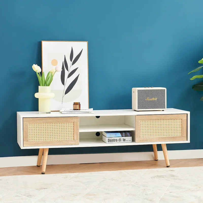Meuble TV 55,12 avec double porte coulissante, pieds en bois massif et étagère réglable pour salon
