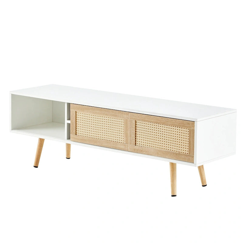 Meuble TV 55,12 avec double porte coulissante, pieds en bois massif et étagère réglable pour salon