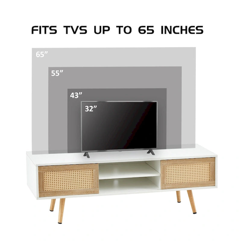 Meuble TV 55,12 avec double porte coulissante, pieds en bois massif et étagère réglable pour salon