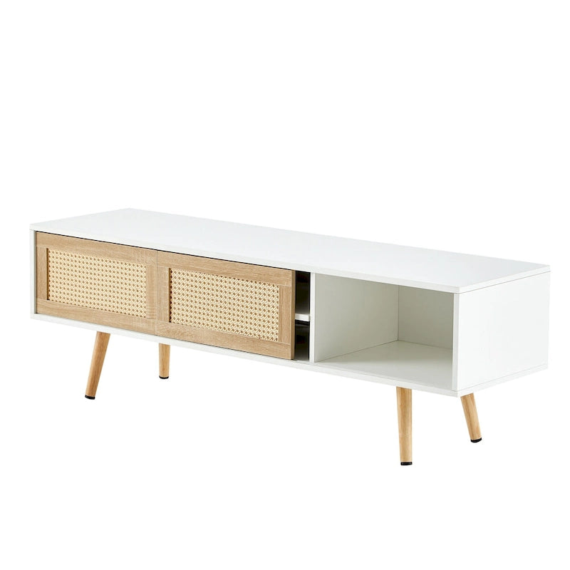 Meuble TV 55,12 avec double porte coulissante, pieds en bois massif et étagère réglable pour salon