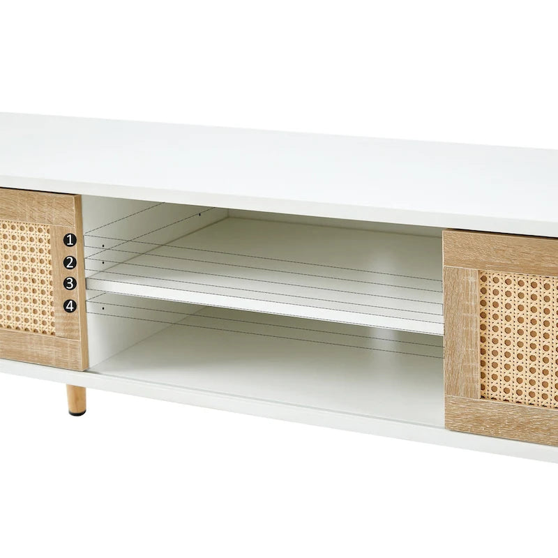 Meuble TV 55,12 avec double porte coulissante, pieds en bois massif et étagère réglable pour salon