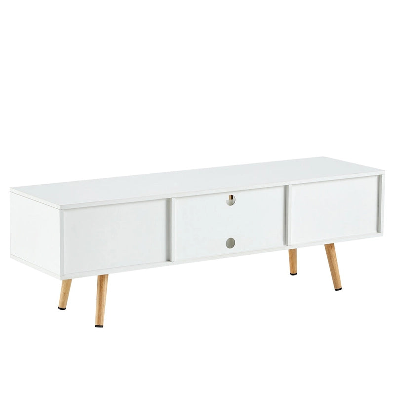 Meuble TV 55,12 avec double porte coulissante, pieds en bois massif et étagère réglable pour salon