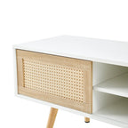 Meuble TV 55,12 avec double porte coulissante, pieds en bois massif et étagère réglable pour salon