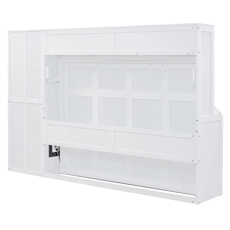 Lit escamotable blanc pleine grandeur avec étagère et tiroirs intégrés