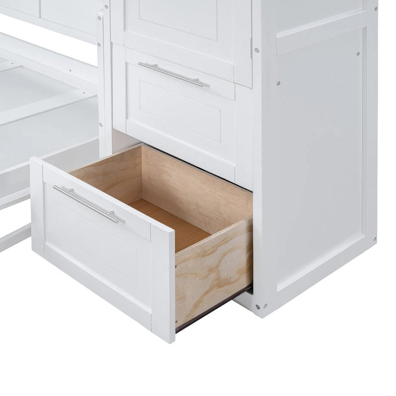 Lit escamotable blanc pleine grandeur avec étagère et tiroirs intégrés