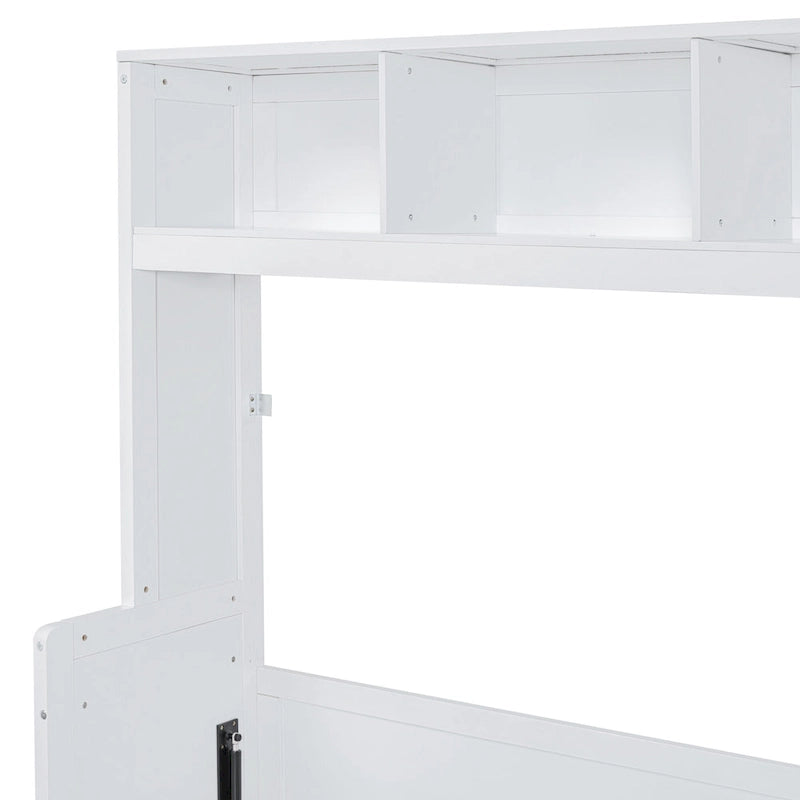 Lit escamotable blanc pleine grandeur avec étagère et tiroirs intégrés
