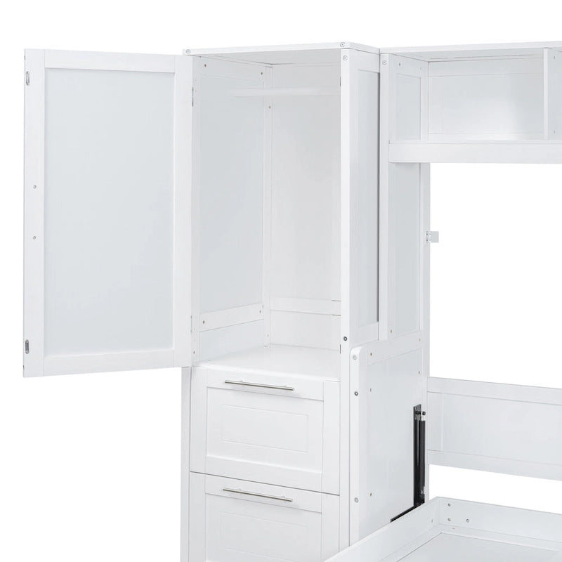Lit escamotable blanc pleine grandeur avec étagère et tiroirs intégrés