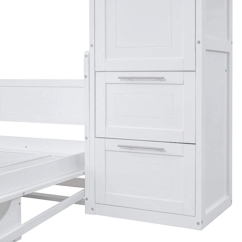 Lit escamotable blanc pleine grandeur avec étagère et tiroirs intégrés