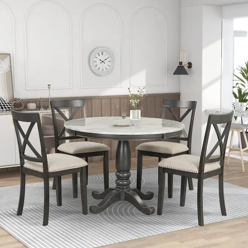 Ensemble de salle à manger moderne en bois 5 pièces avec table ronde et chaises