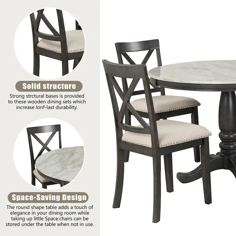 Ensemble de salle à manger moderne en bois 5 pièces avec table ronde et chaises