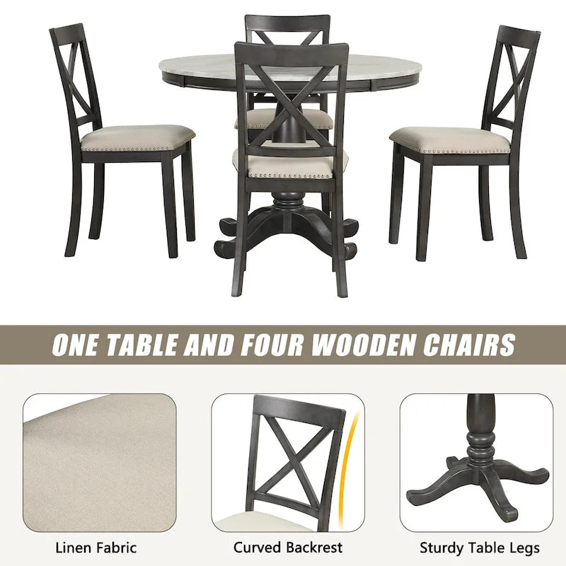 Ensemble de salle à manger moderne en bois 5 pièces avec table ronde et chaises