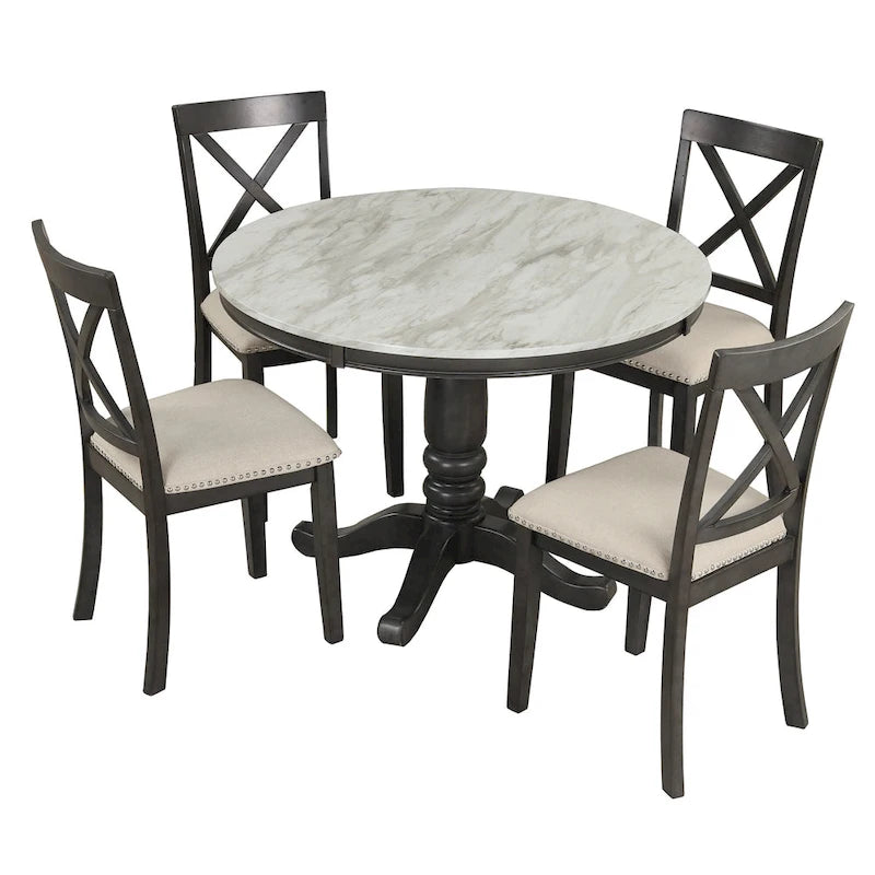 Ensemble de salle à manger moderne en bois 5 pièces avec table ronde et chaises