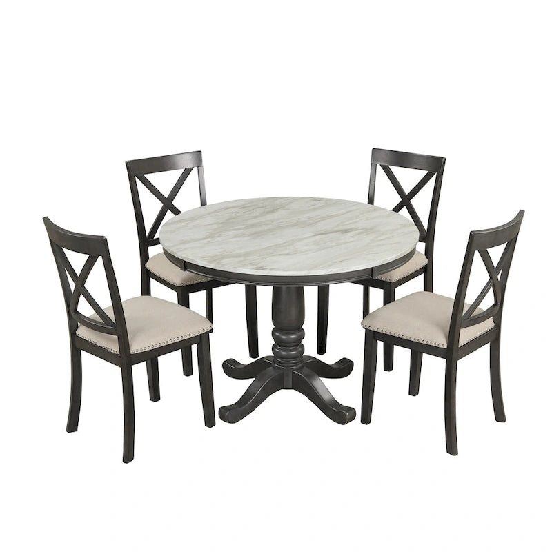 Ensemble de salle à manger moderne en bois 5 pièces avec table ronde et chaises