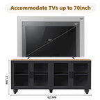 Meuble TV style ferme en noyer foncé et noir avec étagères et portes en verre trempé pour téléviseurs jusqu'à 70 pouces