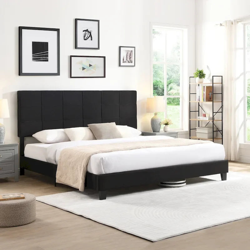 Lit plateforme noir king size capitonné avec tête de lit à boutons et lattes en bois - Sommier non nécessaire