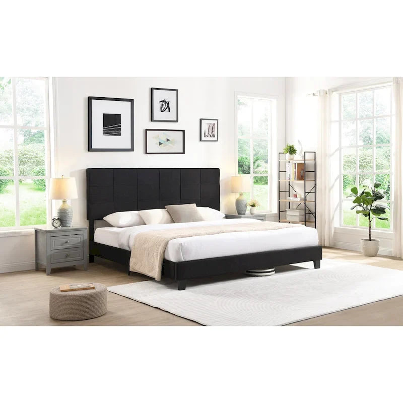 Lit plateforme noir king size capitonné avec tête de lit à boutons et lattes en bois - Sommier non nécessaire