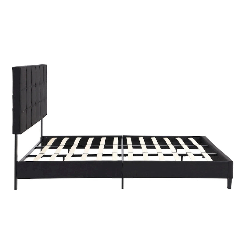 Lit plateforme noir king size capitonné avec tête de lit à boutons et lattes en bois - Sommier non nécessaire