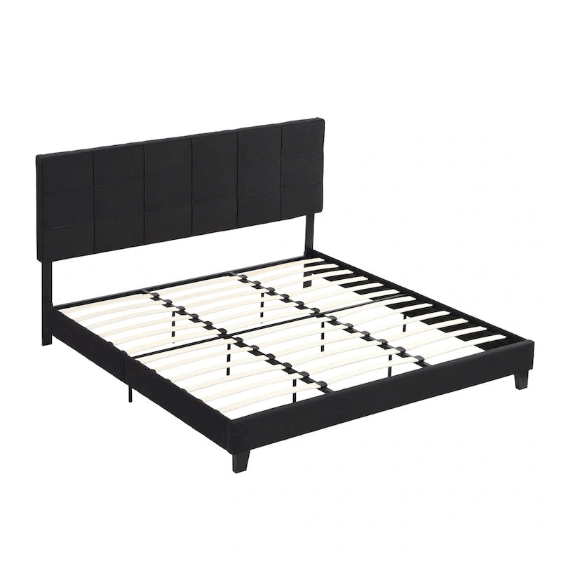 Lit plateforme noir king size capitonné avec tête de lit à boutons et lattes en bois - Sommier non nécessaire