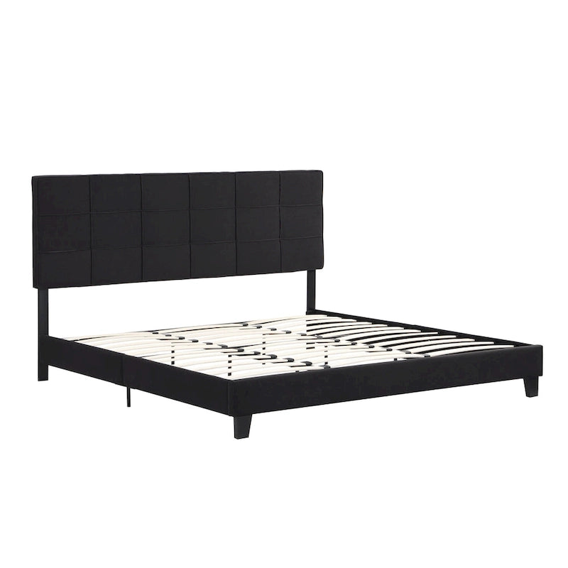 Lit plateforme noir king size capitonné avec tête de lit à boutons et lattes en bois - Sommier non nécessaire