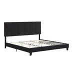 Lit plateforme noir king size capitonné avec tête de lit à boutons et lattes en bois - Sommier non nécessaire