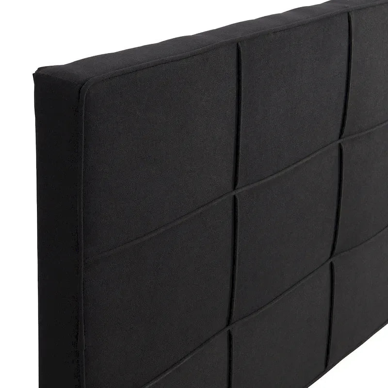 Lit plateforme noir king size capitonné avec tête de lit à boutons et lattes en bois - Sommier non nécessaire