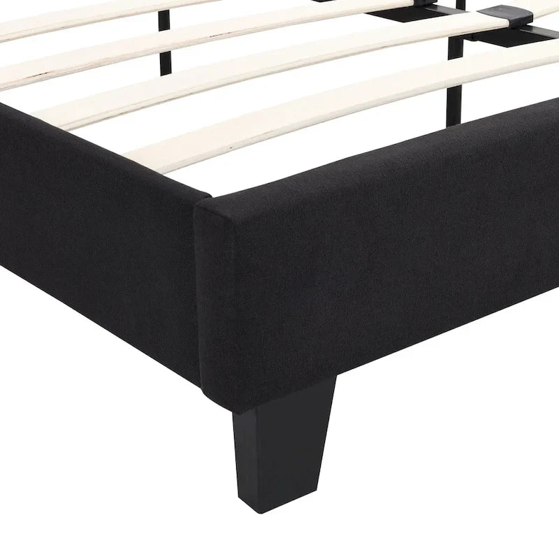 Lit plateforme noir king size capitonné avec tête de lit à boutons et lattes en bois - Sommier non nécessaire