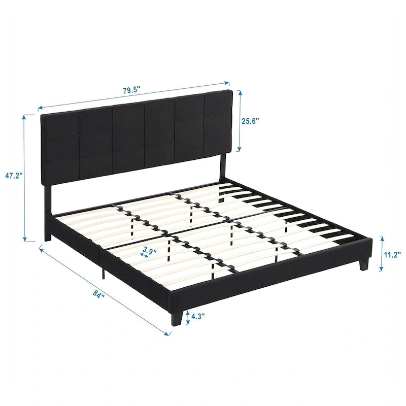 Lit plateforme noir king size capitonné avec tête de lit à boutons et lattes en bois - Sommier non nécessaire