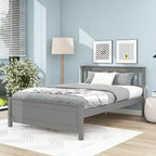 Lit double en pin gris avec tête et pied de lit à lattes - Sommier non requis, table de chevet incluse