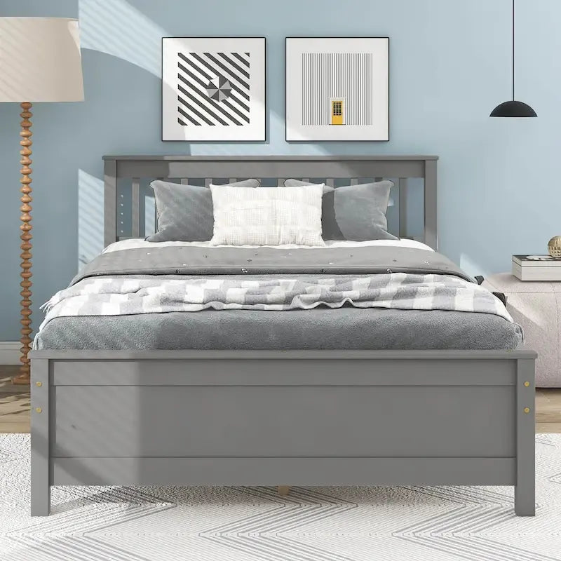 Lit double en pin gris avec tête et pied de lit à lattes - Sommier non requis, table de chevet incluse