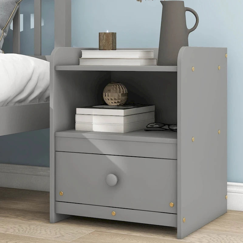 Lit double en pin gris avec tête et pied de lit à lattes - Sommier non requis, table de chevet incluse