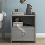 Lit double en pin gris avec tête et pied de lit à lattes - Sommier non requis, table de chevet incluse