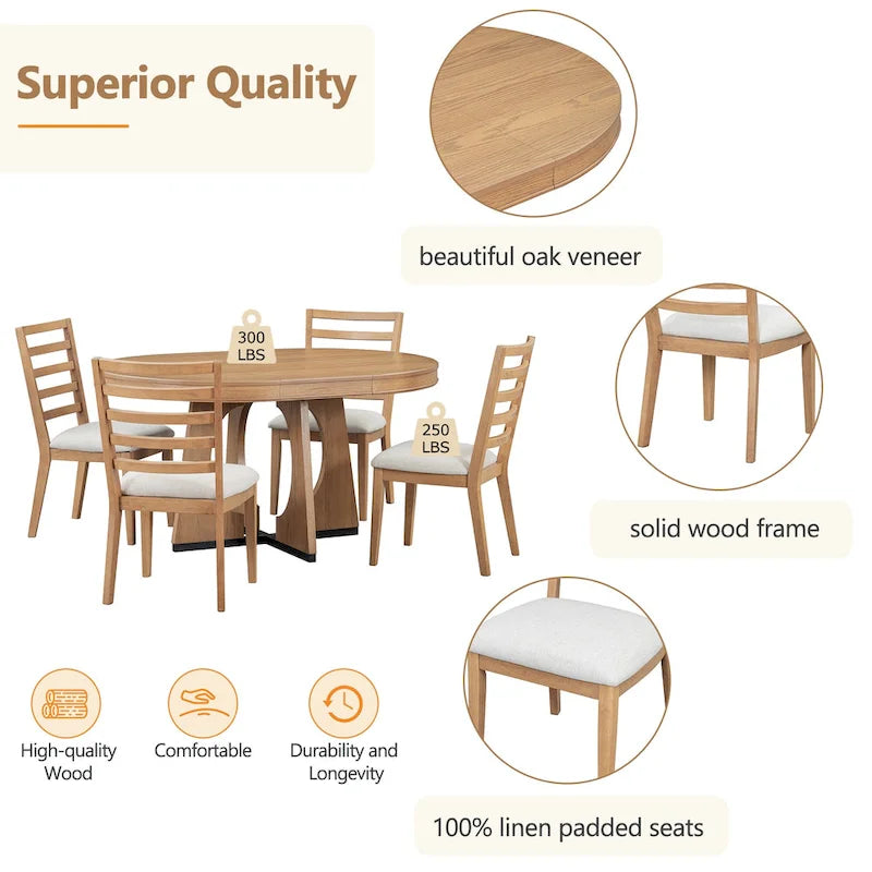 Ensemble de salle à manger vintage 5 pièces avec table extensible et 4 chaises