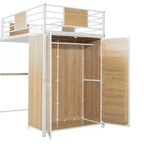 White Twin Size Metal Wood Loft bed with L-shape Desk, Wardrobe, Fence and Ladder