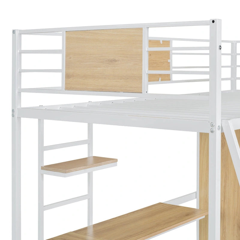 Lit mezzanine blanc une place en métal et bois avec bureau en L, armoire, barrière et échelle